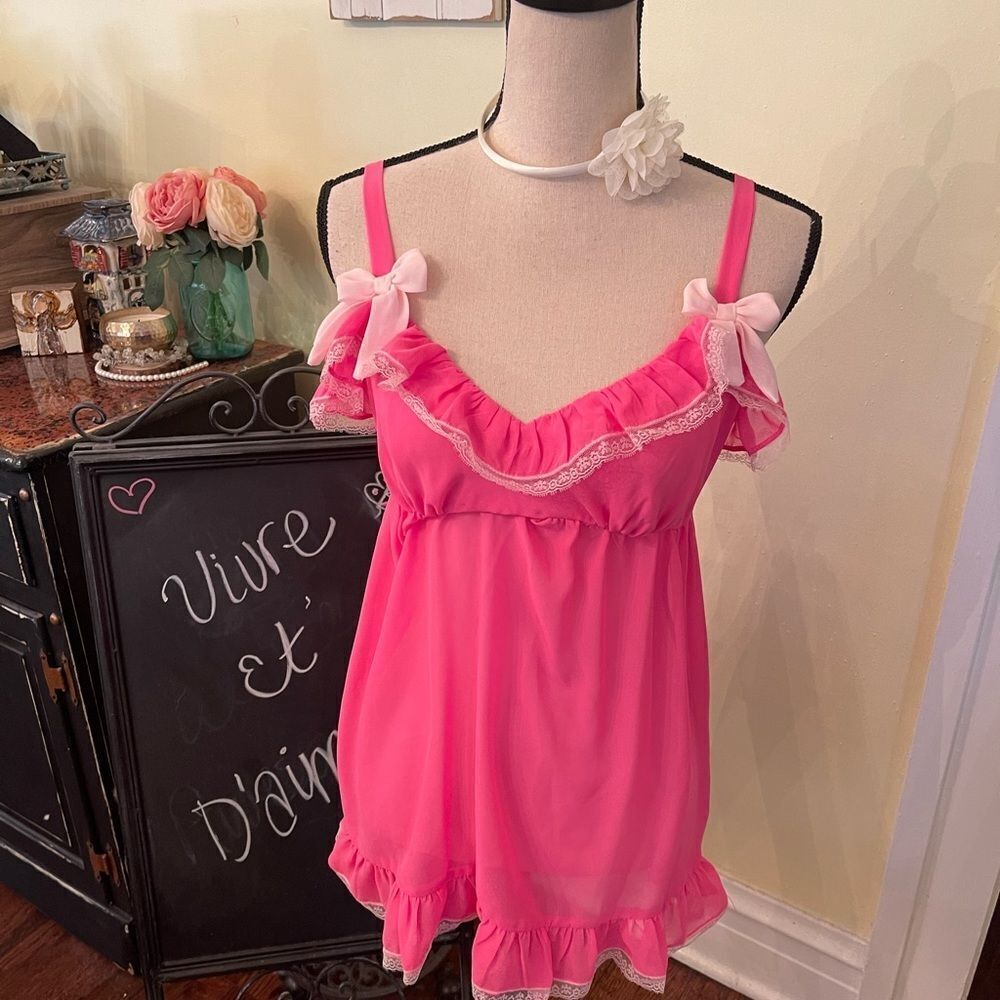 Adorable COQUETTE GIRL Flora Pink Bow Chemise Sz S